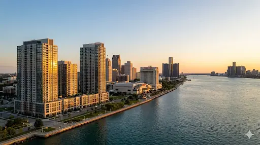 Windsor, Ontario skyline at golden hour