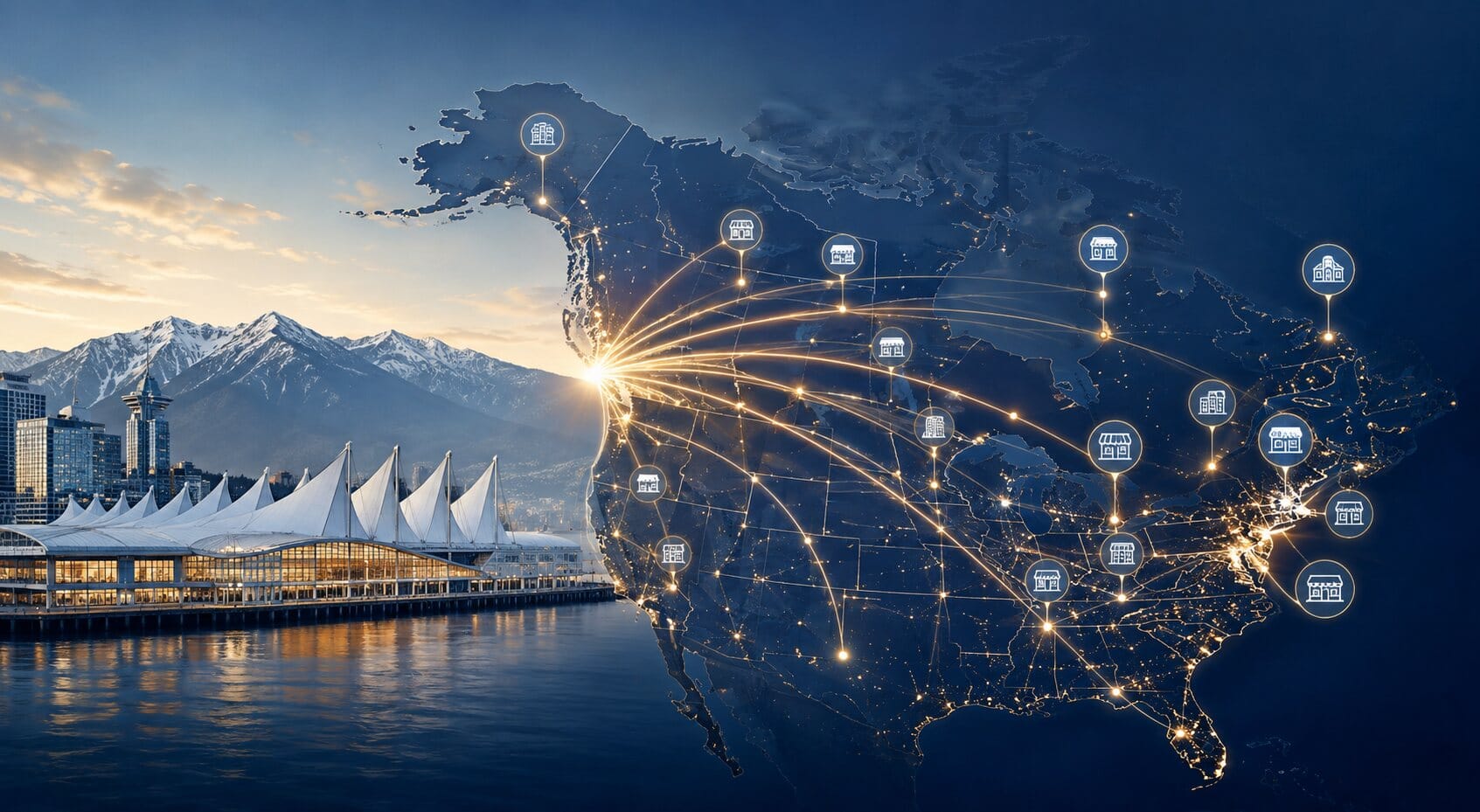 Vancouver waterfront beside a digital map linking small businesses across Canada and the United States