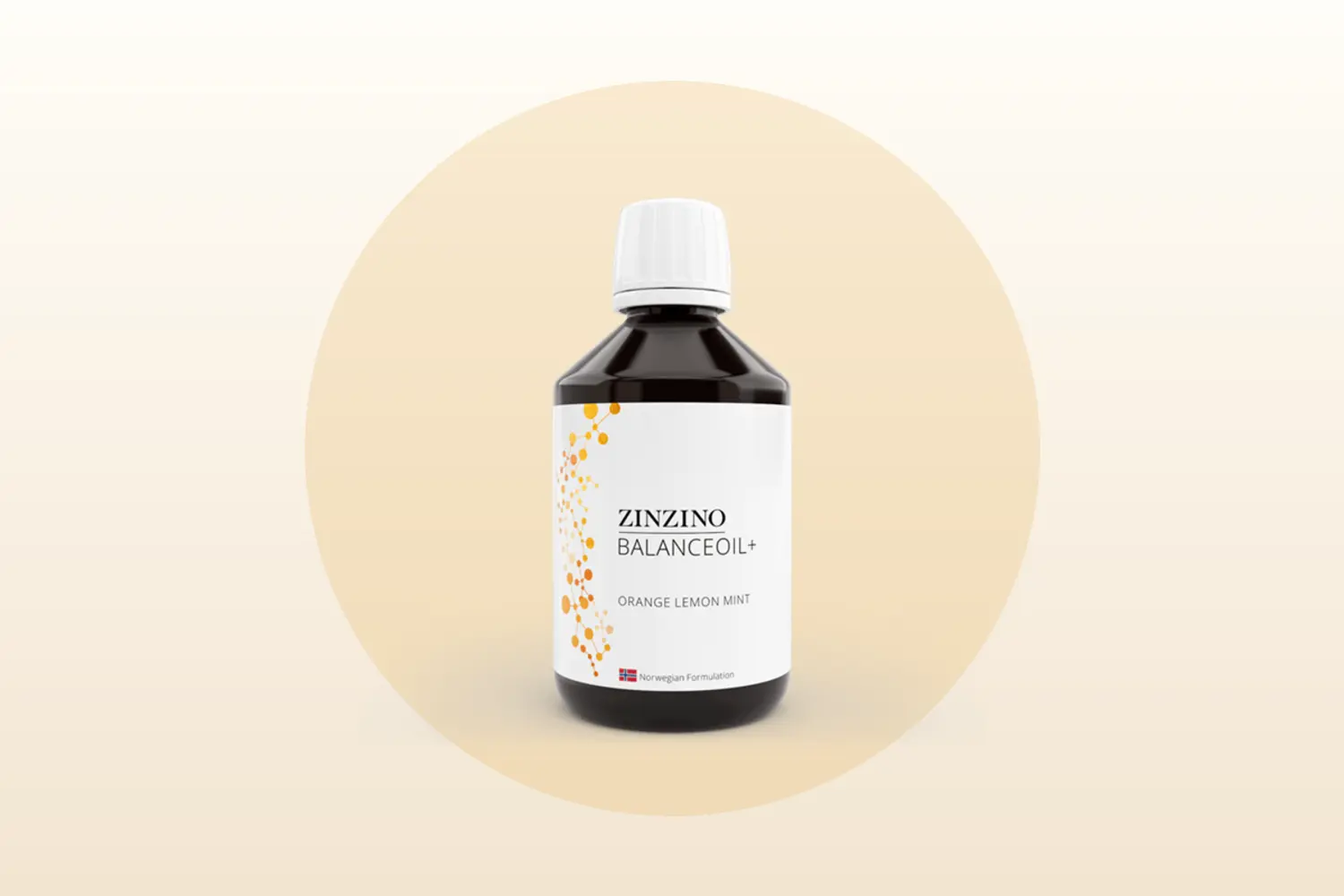 Zinzino BalanceOil+ bottle on a warm neutral background